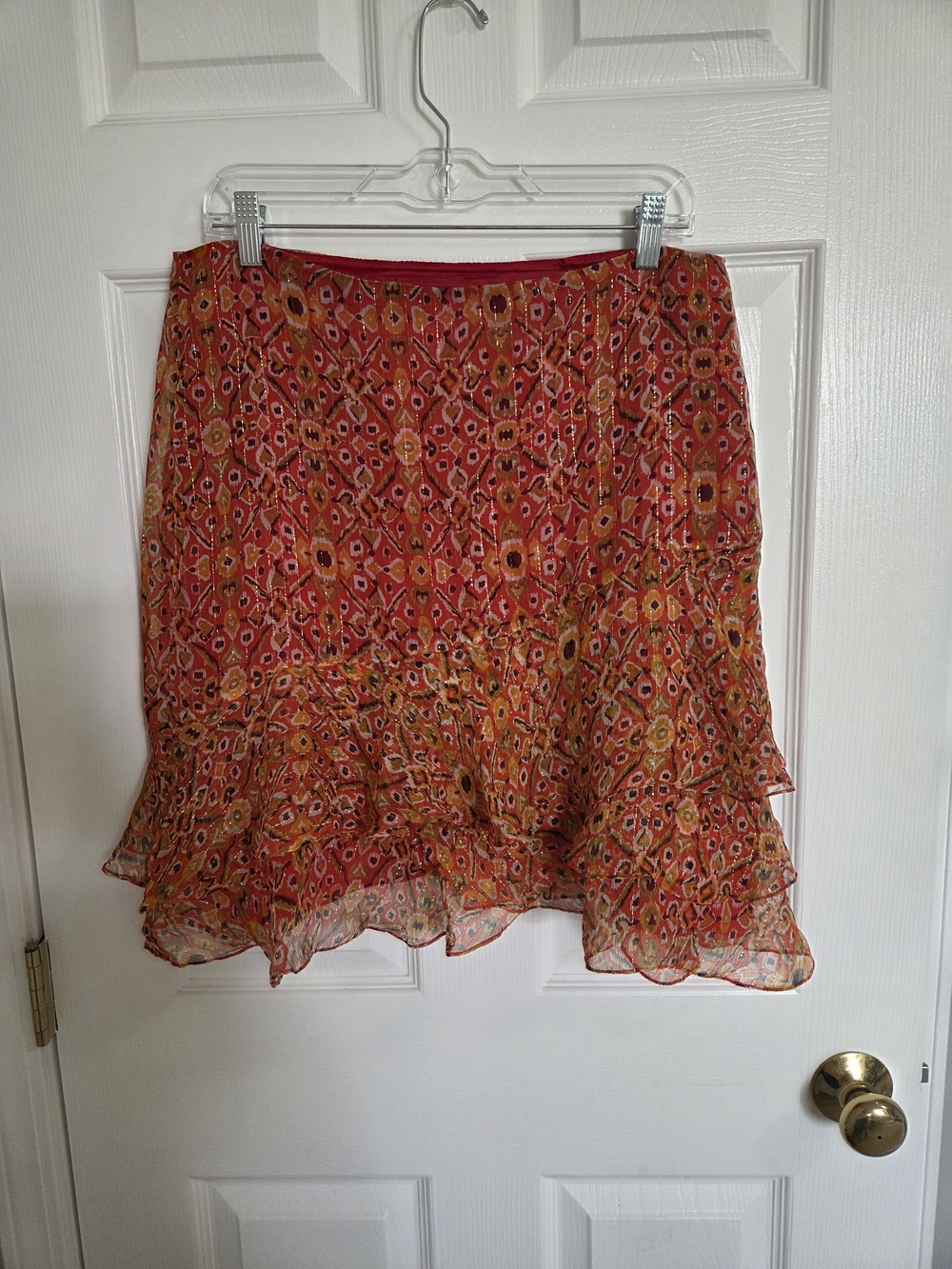 Muse Orange and Red Printed Tiered Ruffle Skirt